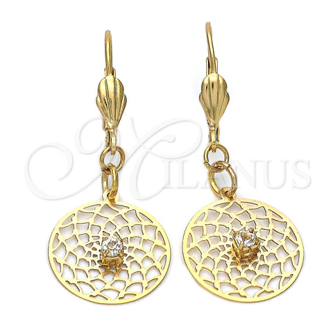 Arete Colgante 73.013 Oro Laminado, Diseño de Flor y File, con Blanca Zirconia Cubica, Pulido, Tono Dorado