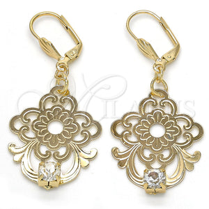 Arete Colgante 81.013 Oro Laminado, Diseño de Flor, con Blanca Cristal, Pulido, Tono Dorado