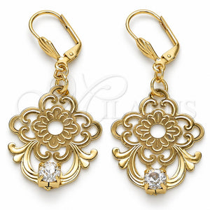 Arete Colgante 81.013 Oro Laminado, Diseño de Flor, con Blanca Cristal, Pulido, Tono Dorado