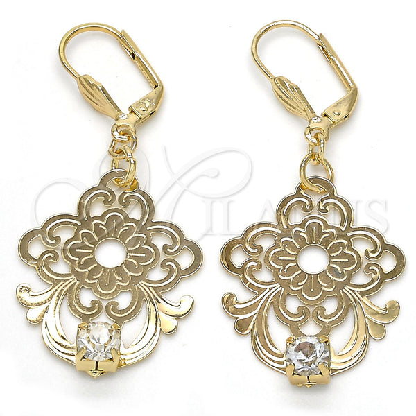 Arete Colgante 81.013 Oro Laminado, Diseño de Flor, con Blanca Cristal, Pulido, Tono Dorado