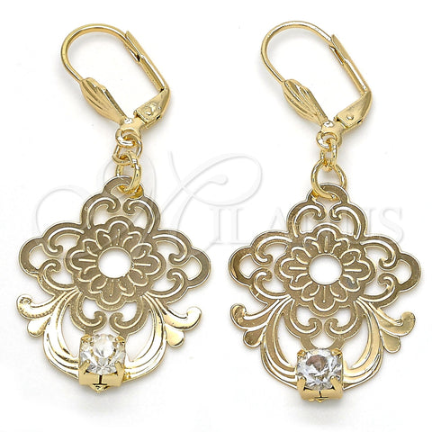 Arete Colgante 81.013 Oro Laminado, Diseño de Flor, con Blanca Cristal, Pulido, Tono Dorado