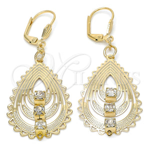Arete Colgante 61.002 Oro Laminado, Diseño de Gota, con Blanca Cristal, Pulido, Tono Dorado