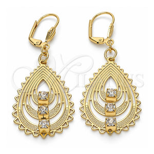 Arete Colgante 61.002 Oro Laminado, Diseño de Gota, con Blanca Cristal, Pulido, Tono Dorado