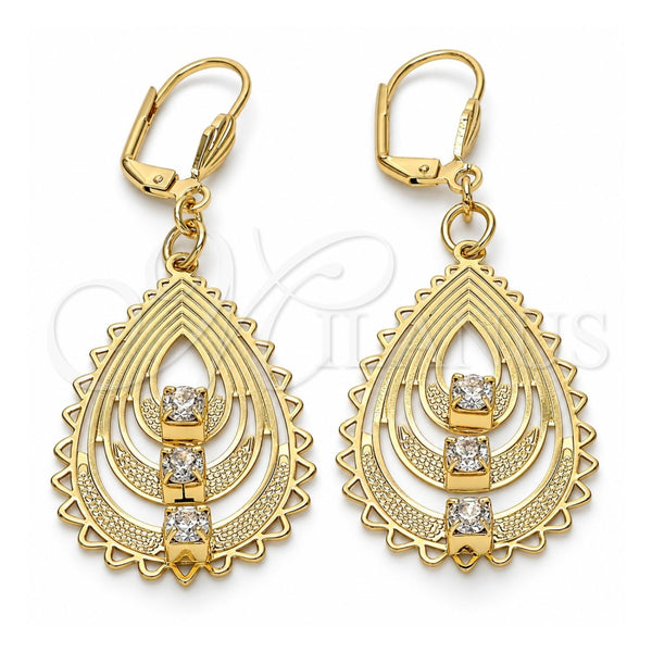 Arete Colgante 61.002 Oro Laminado, Diseño de Gota, con Blanca Cristal, Pulido, Tono Dorado