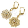 Arete Colgante 69.005 Oro Laminado, Diseño de Flor, con Blanca Cristal, Pulido, Tono Dorado
