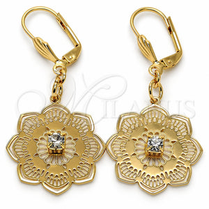 Arete Colgante 69.005 Oro Laminado, Diseño de Flor, con Blanca Cristal, Pulido, Tono Dorado