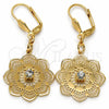 Arete Colgante 69.005 Oro Laminado, Diseño de Flor, con Blanca Cristal, Pulido, Tono Dorado