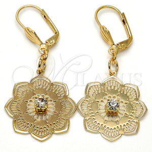Arete Colgante 69.005 Oro Laminado, Diseño de Flor, con Blanca Cristal, Pulido, Tono Dorado