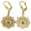 Arete Colgante 69.005 Oro Laminado, Diseño de Flor, con Blanca Cristal, Pulido, Tono Dorado