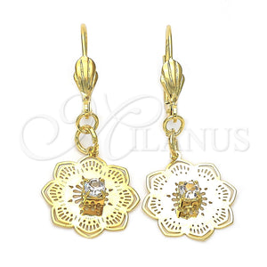 Arete Colgante 69.006 Oro Laminado, Diseño de Flor, con Blanca Zirconia Cubica, Pulido, Tono Dorado