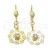 Arete Colgante 69.006 Oro Laminado, Diseño de Flor, con Blanca Zirconia Cubica, Pulido, Tono Dorado