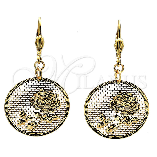 Arete Colgante 69.012 Oro Laminado, Diseño de Flor, Pulido, Tono Dorado
