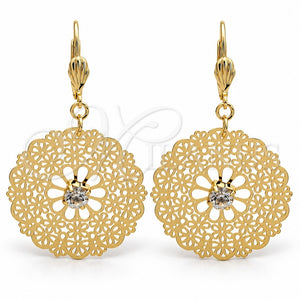 Arete Colgante 61.001 Oro Laminado, Diseño de Flor y File, con Blanca Cristal, Pulido, Tono Dorado