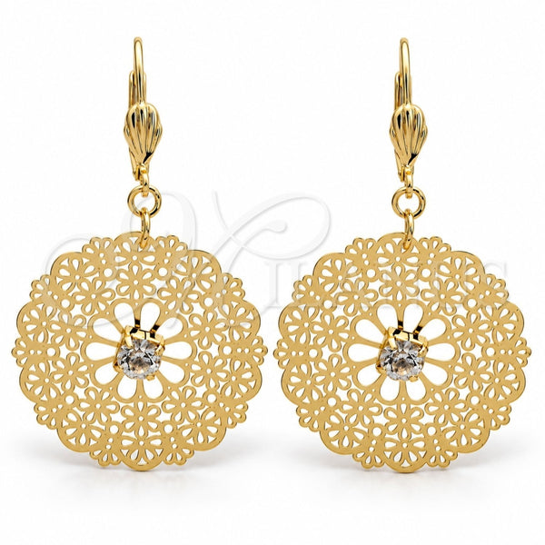 Arete Colgante 61.001 Oro Laminado, Diseño de Flor y File, con Blanca Cristal, Pulido, Tono Dorado