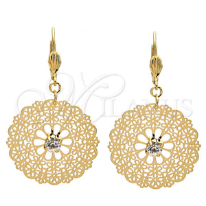 Arete Colgante 61.001 Oro Laminado, Diseño de Flor y File, con Blanca Cristal, Pulido, Tono Dorado