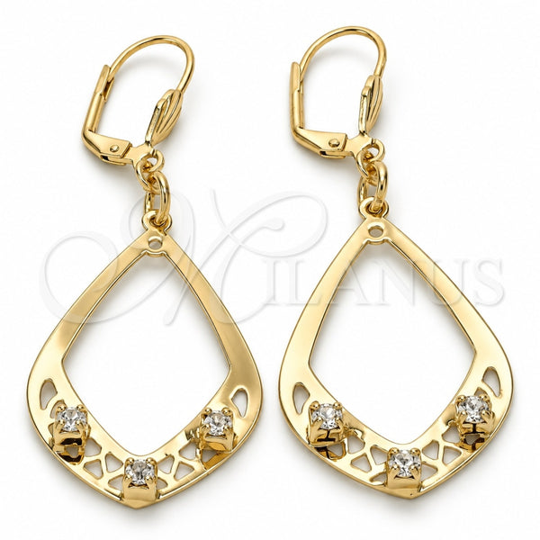 Arete Colgante 89.003 Oro Laminado, Diseño de Gota, con Blanca Cristal, Pulido, Tono Dorado