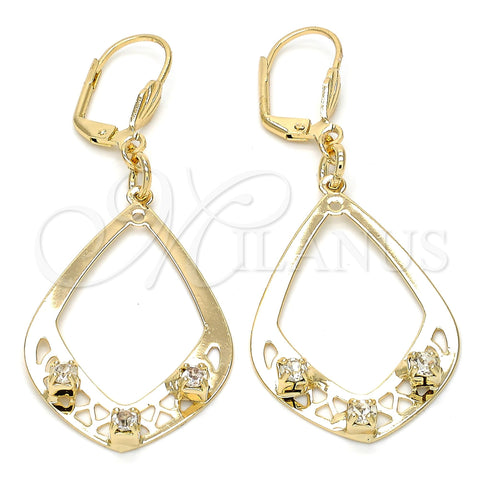 Arete Colgante 89.003 Oro Laminado, Diseño de Gota, con Blanca Cristal, Pulido, Tono Dorado