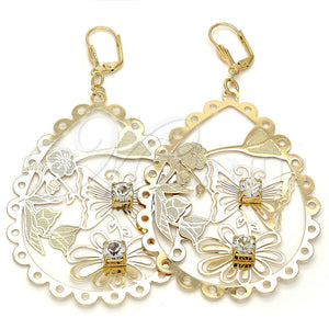 Arete Colgante 64.003 Oro Laminado, Diseño de Flor y Mariposa, con Blanca Cristal, Pulido, Tono Dorado