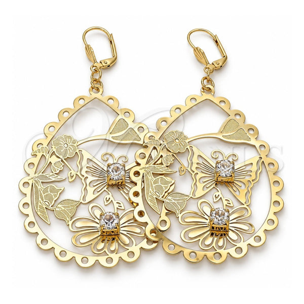 Arete Colgante 64.003 Oro Laminado, Diseño de Flor y Mariposa, con Blanca Cristal, Pulido, Tono Dorado