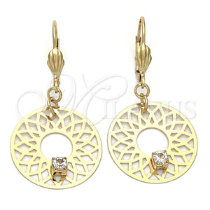 Arete Colgante 02.64.0062 Oro Laminado, Diseño de File y Flor, con Blanca Zirconia Cubica, Mate, Tono Dorado