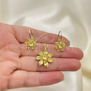 Juego de Arete y Dije de Adulto 5.056.002 Oro Laminado, Diseño de Flor, con Blanca Zirconia Cubica, Pulido, Tono Dorado