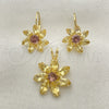 Juego de Arete y Dije de Adulto 5.056.003 Oro Laminado, Diseño de Flor, con Amatista and Blanca Zirconia Cubica, Pulido, Tono Dorado