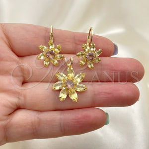 Juego de Arete y Dije de Adulto 5.056.003 Oro Laminado, Diseño de Flor, con Amatista and Blanca Zirconia Cubica, Pulido, Tono Dorado