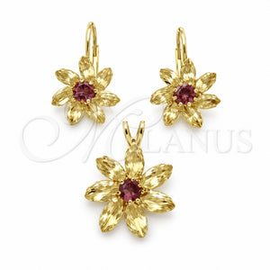 Juego de Arete y Dije de Adulto 5.056.003 Oro Laminado, Diseño de Flor, con Amatista and Blanca Zirconia Cubica, Pulido, Tono Dorado