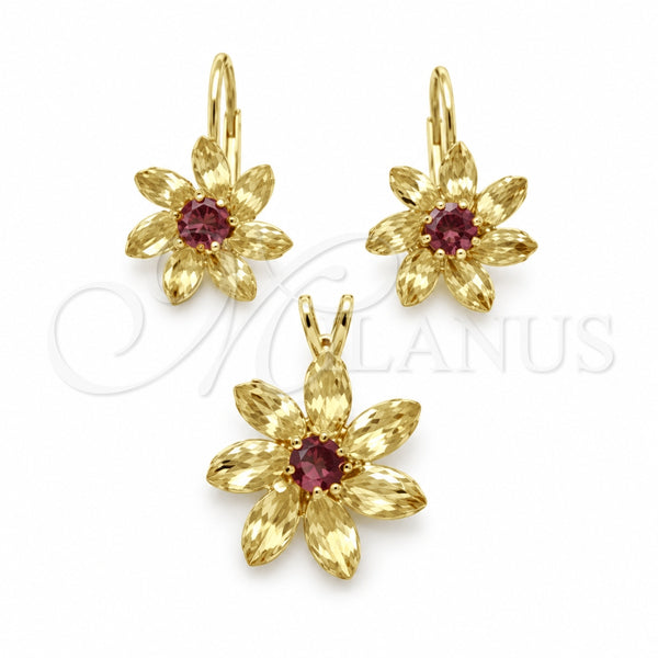 Juego de Arete y Dije de Adulto 5.056.003 Oro Laminado, Diseño de Flor, con Amatista and Blanca Zirconia Cubica, Pulido, Tono Dorado