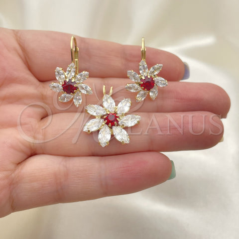 Juego de Arete y Dije de Adulto 5.056.004 Oro Laminado, Diseño de Flor, con Blanca Zirconia Cubica, Pulido, Tono Dorado