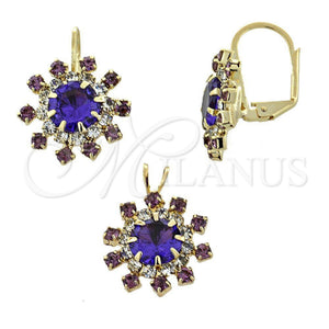 Juego de Arete y Dije de Adulto 5.057.003 Oro Laminado, Diseño de Flor, con Amethyst Zirconia Cubica, Pulido, Tono Dorado
