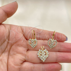 Juego de Arete y Dije de Adulto 5.056.010 Oro Laminado, Diseño de Corazón, con Blanca Zirconia Cubica, Pulido, Tono Dorado