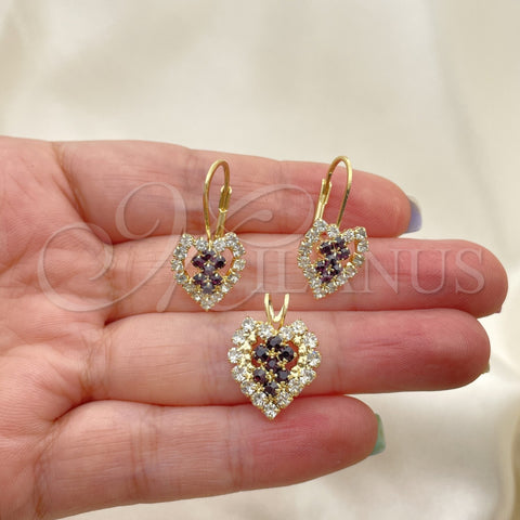 Juego de Arete y Dije de Adulto 5.056.011 Oro Laminado, Diseño de Corazón, con Blanca Zirconia Cubica, Pulido, Tono Dorado