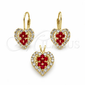Juego de Arete y Dije de Adulto 5.056.012 Oro Laminado, Diseño de Corazón, con Blanca Zirconia Cubica, Pulido, Tono Dorado