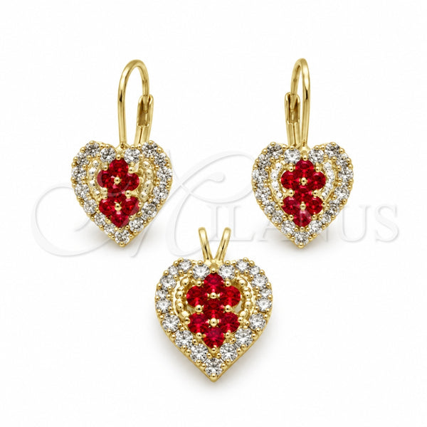 Juego de Arete y Dije de Adulto 5.056.012 Oro Laminado, Diseño de Corazón, con Blanca Zirconia Cubica, Pulido, Tono Dorado