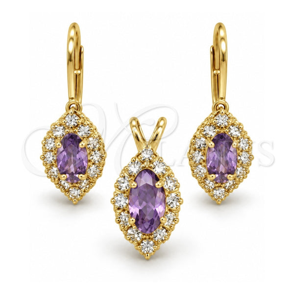 Juego de Arete y Dije de Adulto 5.058.015 Oro Laminado, con Blanca Zirconia Cubica, Pulido, Tono Dorado