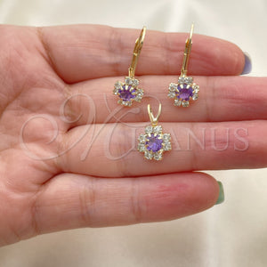 Juego de Arete y Dije de Adulto 5.058.011 Oro Laminado, Diseño de Flor, con Blanca Zirconia Cubica, Pulido, Tono Dorado