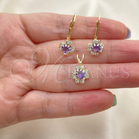 Juego de Arete y Dije de Adulto 5.058.011 Oro Laminado, Diseño de Flor, con Blanca Zirconia Cubica, Pulido, Tono Dorado