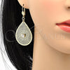 Arete Colgante 73.006 Oro Laminado, Diseño de Oja y File, con Blanca Cristal, Diamantado, Tono Dorado