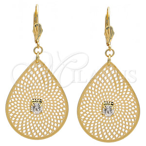 Arete Colgante 73.006 Oro Laminado, Diseño de Oja y File, con Blanca Cristal, Diamantado, Tono Dorado