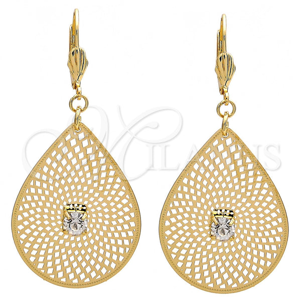 Arete Colgante 73.006 Oro Laminado, Diseño de Oja y File, con Blanca Cristal, Diamantado, Tono Dorado
