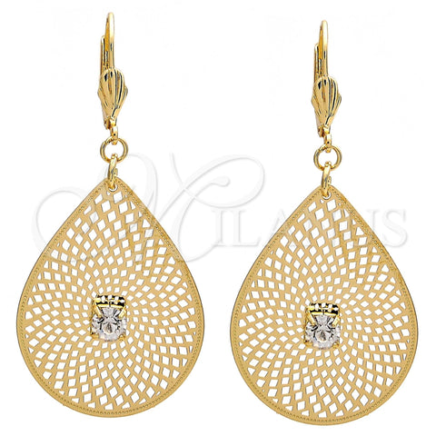 Arete Colgante 73.006 Oro Laminado, Diseño de Oja y File, con Blanca Cristal, Diamantado, Tono Dorado