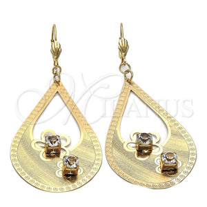 Arete Colgante 81.003 Oro Laminado, Diseño de Flor y Gota, con Blanca Zirconia Cubica, Diamantado, Tono Dorado