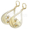 Arete Colgante 81.011 Oro Laminado, Diseño de Flor y Gota, con Blanca Cristal, Diamantado, Tono Dorado