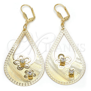 Arete Colgante 81.011 Oro Laminado, Diseño de Flor y Gota, con Blanca Cristal, Diamantado, Tono Dorado