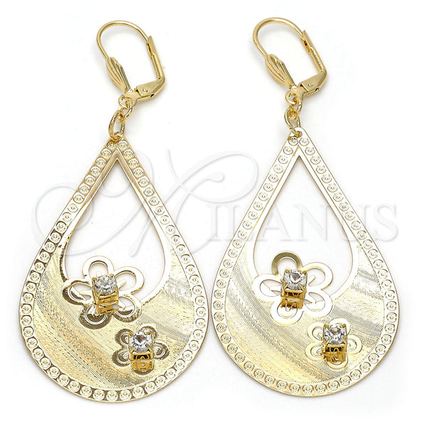 Arete Colgante 81.011 Oro Laminado, Diseño de Flor y Gota, con Blanca Cristal, Diamantado, Tono Dorado