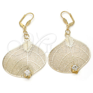 Arete Colgante 80.004 Oro Laminado, Diseño de Oja y File, con Blanca Cristal, Pulido, Tono Dorado