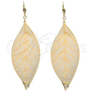 Arete Colgante 65.001 Oro Laminado, Diseño de Oja y File, con Blanca Cristal, Pulido, Tono Dorado