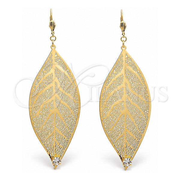 Arete Colgante 65.001 Oro Laminado, Diseño de Oja y File, con Blanca Cristal, Pulido, Tono Dorado