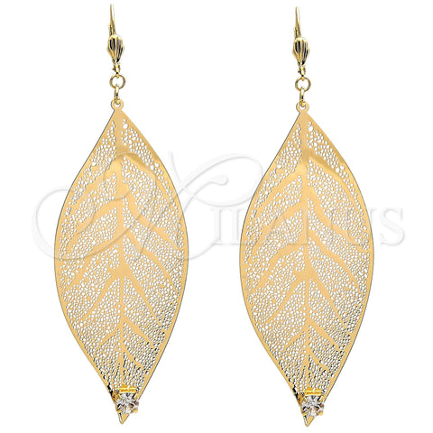 Arete Colgante 65.001 Oro Laminado, Diseño de Oja y File, con Blanca Cristal, Pulido, Tono Dorado